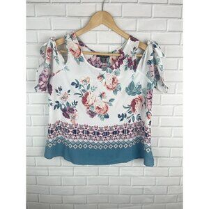 Timing Cold Shoulder Tank Strap White Pink Blue Floral Shirt Blouse Womens Large